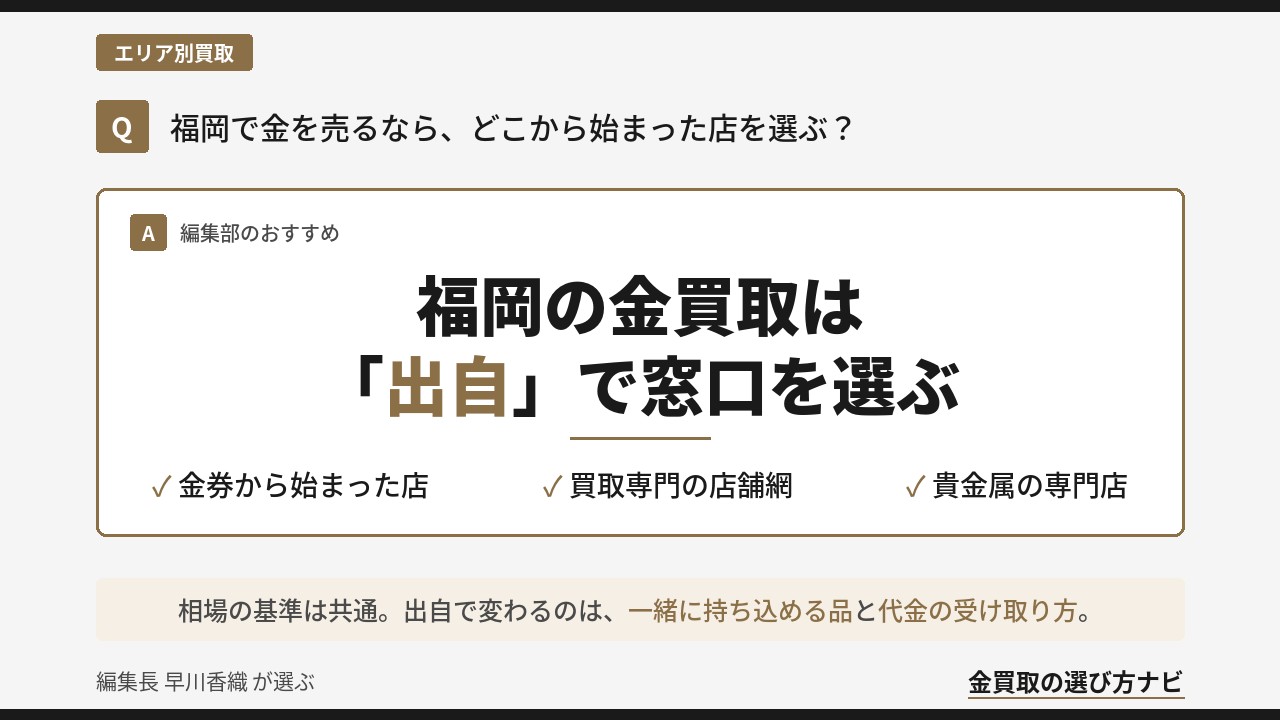 福岡の金買取の選び方|金券・買取専門・貴金属専門という買取店の出自で窓口を選ぶ考え方を解説するインフォグラフィック