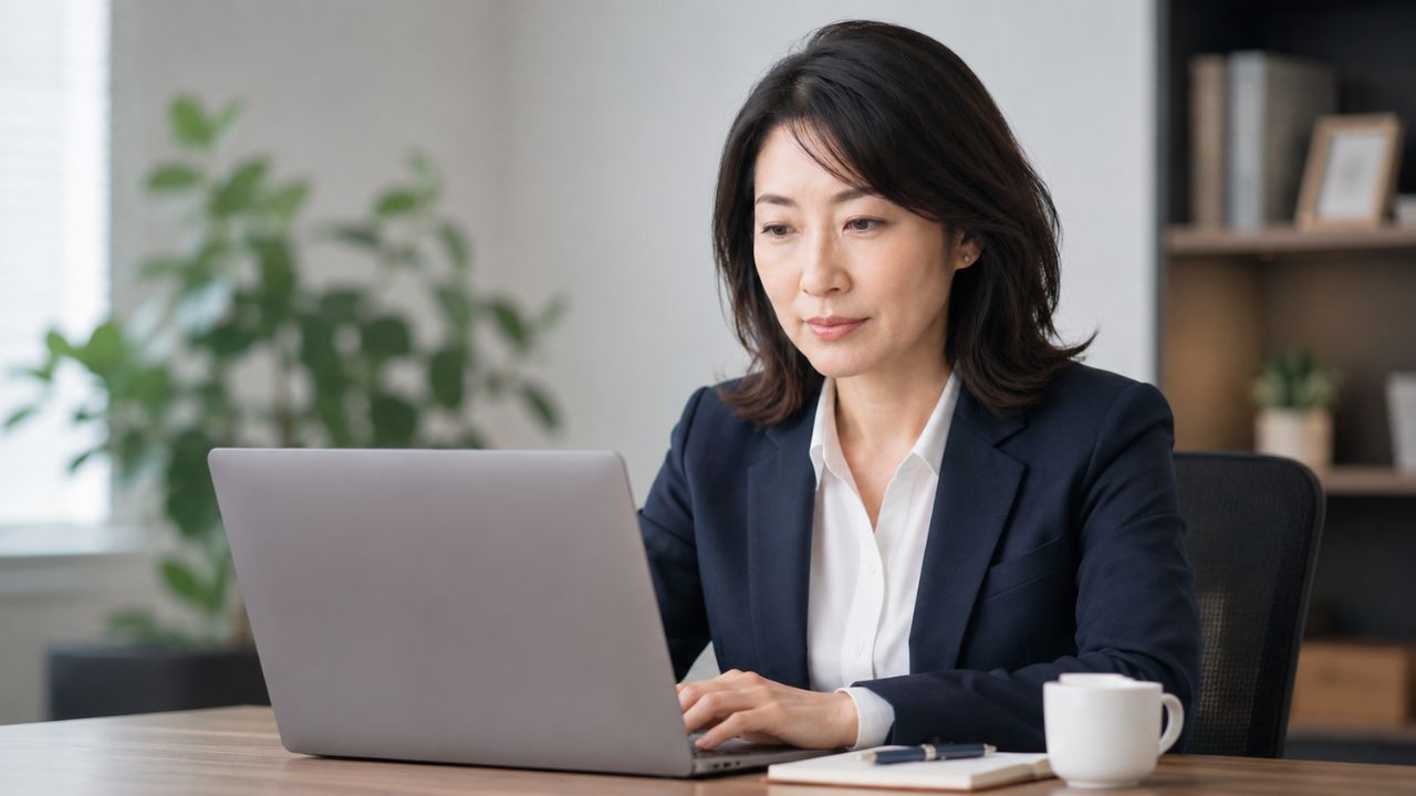 リユース業界の鑑定実務家 早川香織がノートPCで相場動向を確認する様子