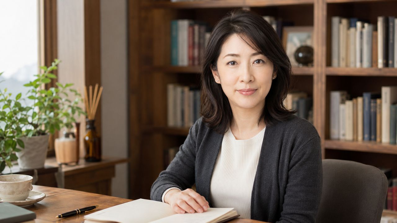 リユース業界の鑑定実務家 早川香織が書斎でノートを開く様子
