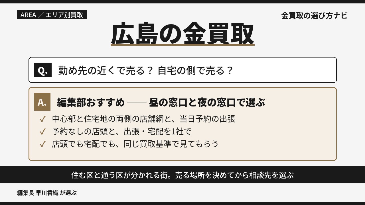 広島の金買取おすすめ3社を、勤め先の近くで売るか自宅の側で売るかの2つの窓口から選び分けるQ&A型の解説