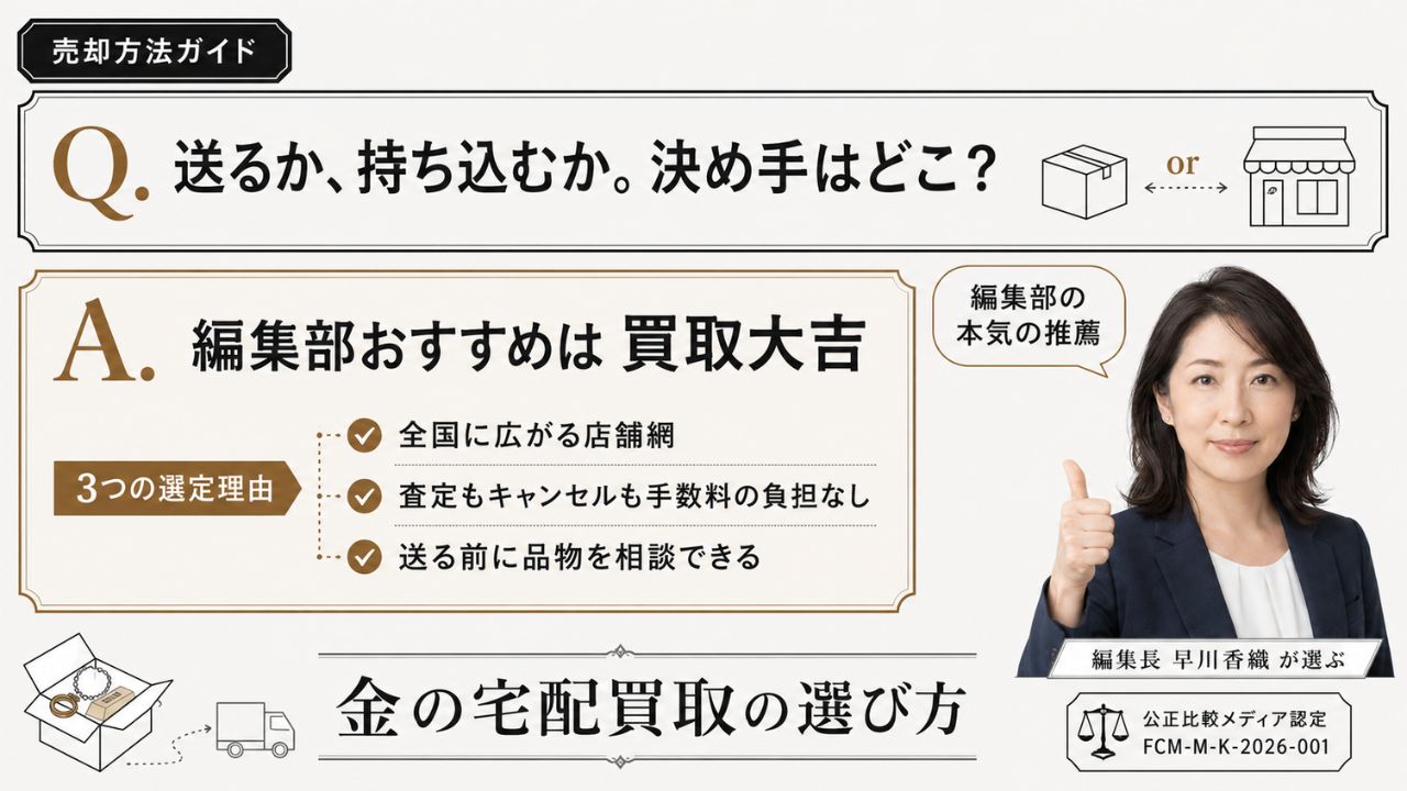 売却方法ガイドの金の宅配買取|編集部おすすめ買取大吉と選定理由を解説するインフォグラフィック