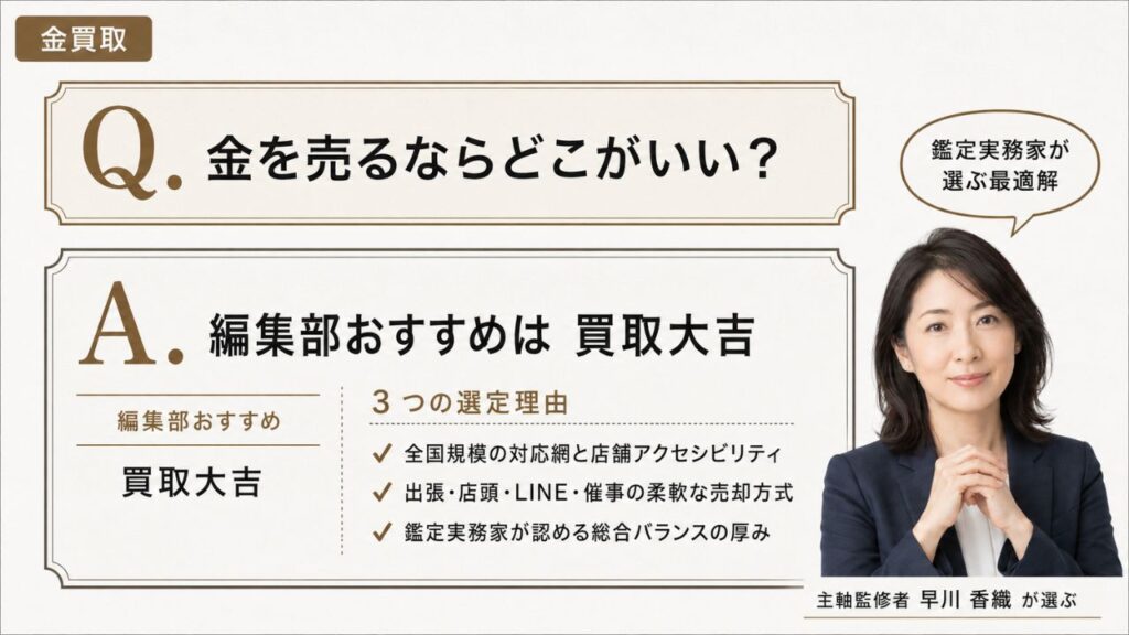 金買取の金を売るならどこがいい？｜編集部おすすめ買取大吉と選定理由を解説するインフォグラフィック