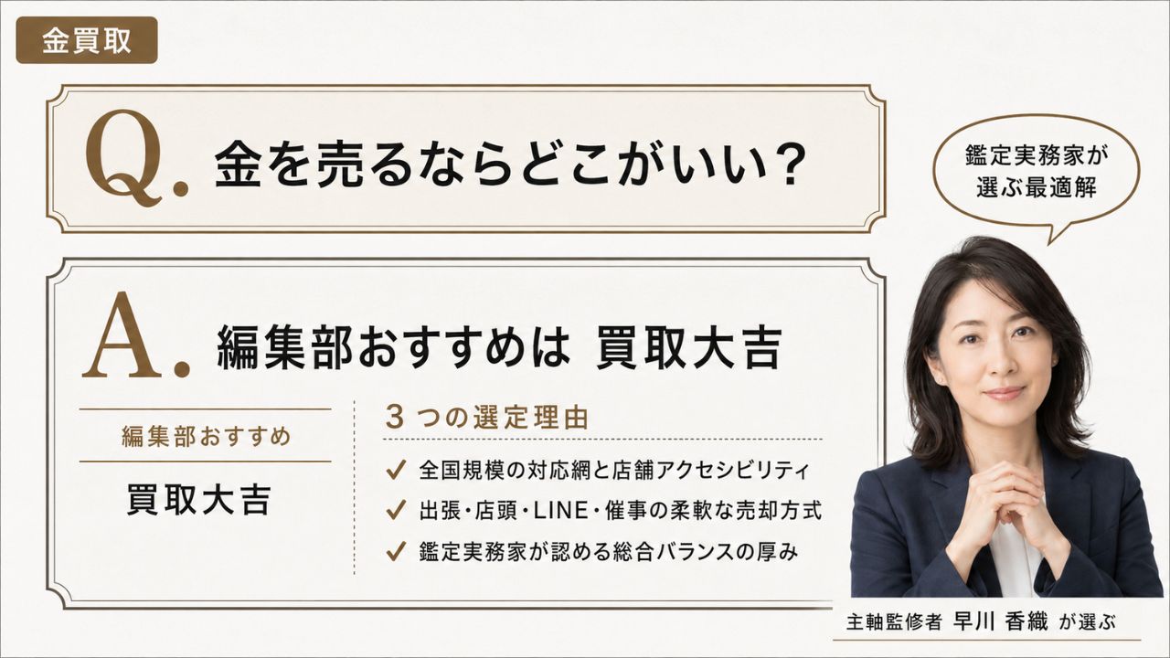 金買取の金を売るならどこがいい？｜編集部おすすめ買取大吉と選定理由を解説するインフォグラフィック