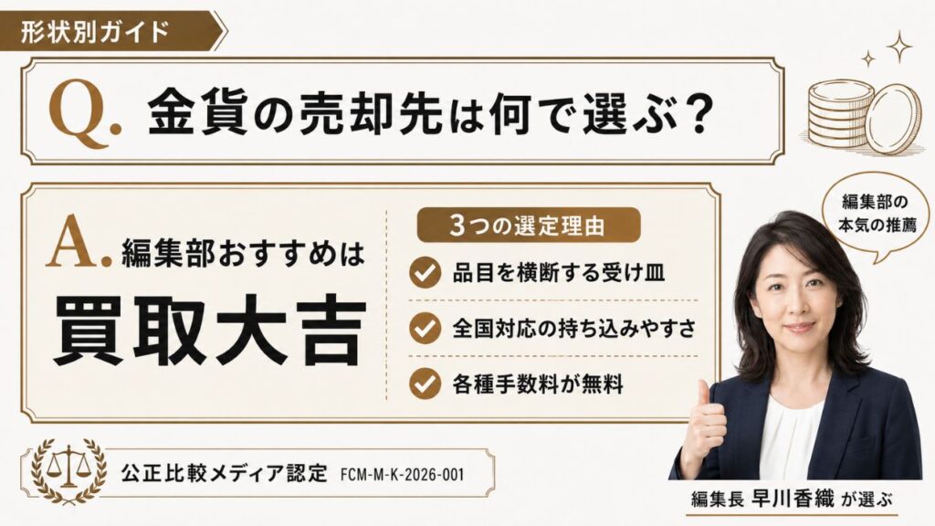 形状別ガイドの金貨・金コイン買取｜編集部おすすめ買取大吉と選定理由を解説するインフォグラフィック