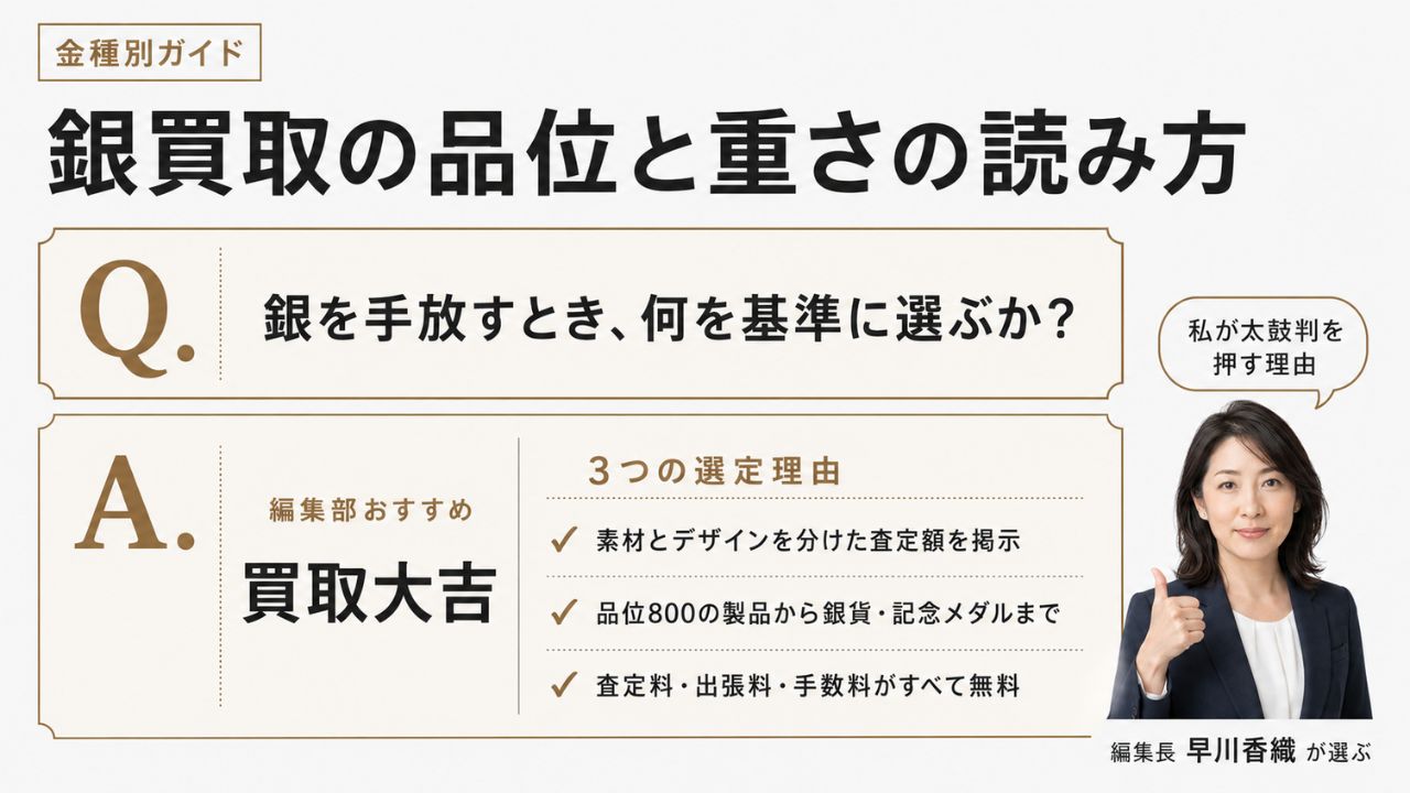 金種別ガイドの銀買取|編集部おすすめ買取大吉と選定理由を解説するインフォグラフィック